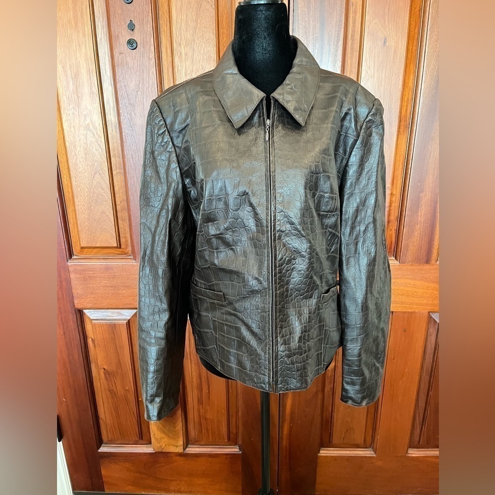 Vintage Carlisle Leather Moc Croc Cropped Jacket Sz Medium/large Chocolate Brown